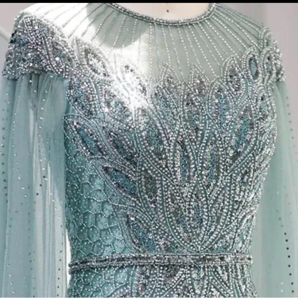 Luxury mermaid  Beaded evening with cap Long Dress in Blue